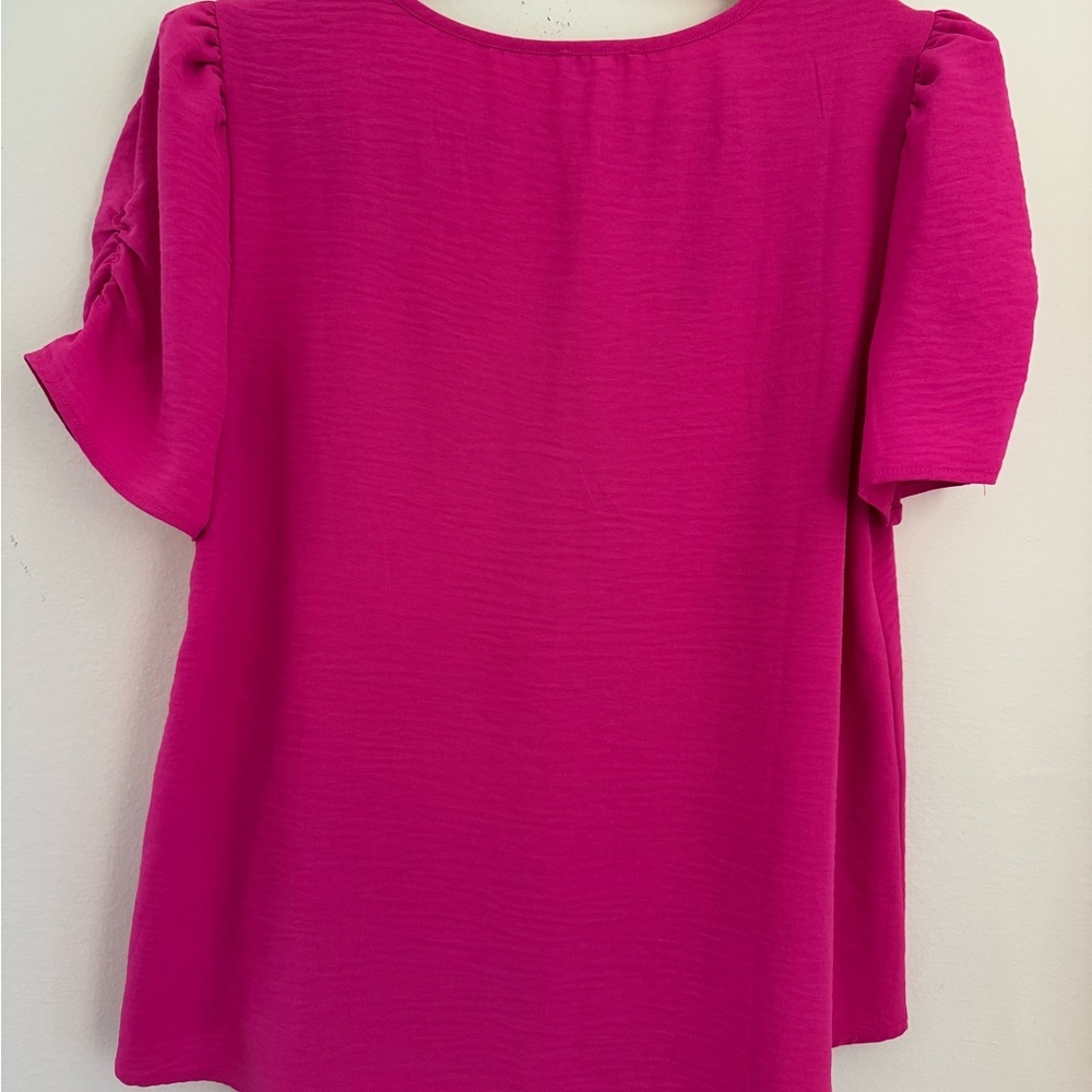 JODIFL Hot Pink V Neck Ruched Puff Sleeve Blouse Size M Boutique - Picture 8 of 8